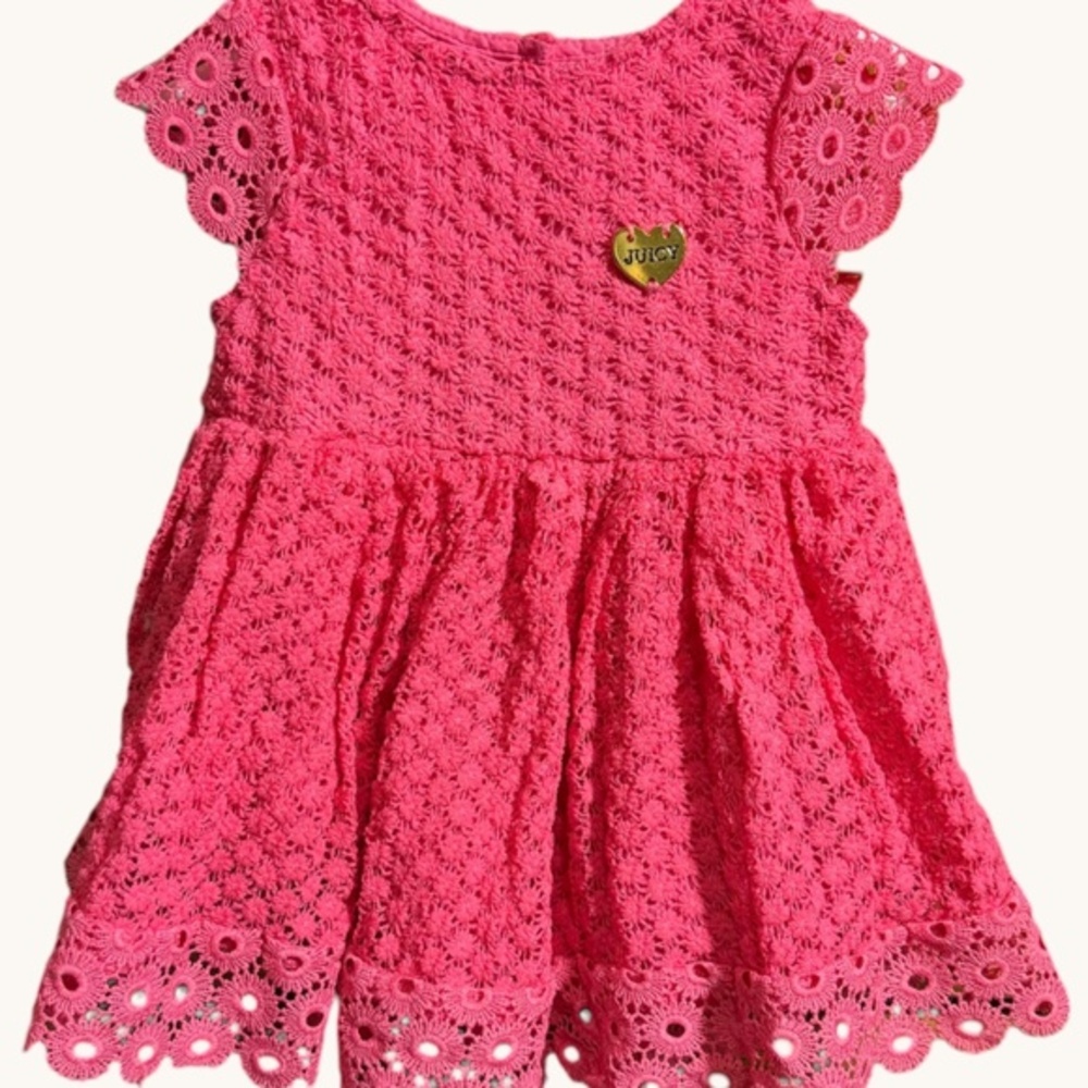 Juicy Couture Hot Pink Eyelet Lace Dress Preloved– Size 18M – Gold Logo Heart
